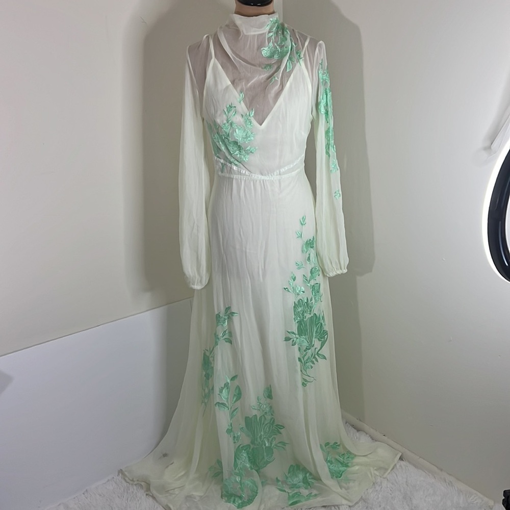Asos Design High Neck Embroidered Maxi Dress in soft Mint